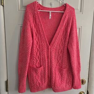 Aeropostale Y2K Cable Knit Textured Midi Chunky Pink Cardigan Size Large Retro